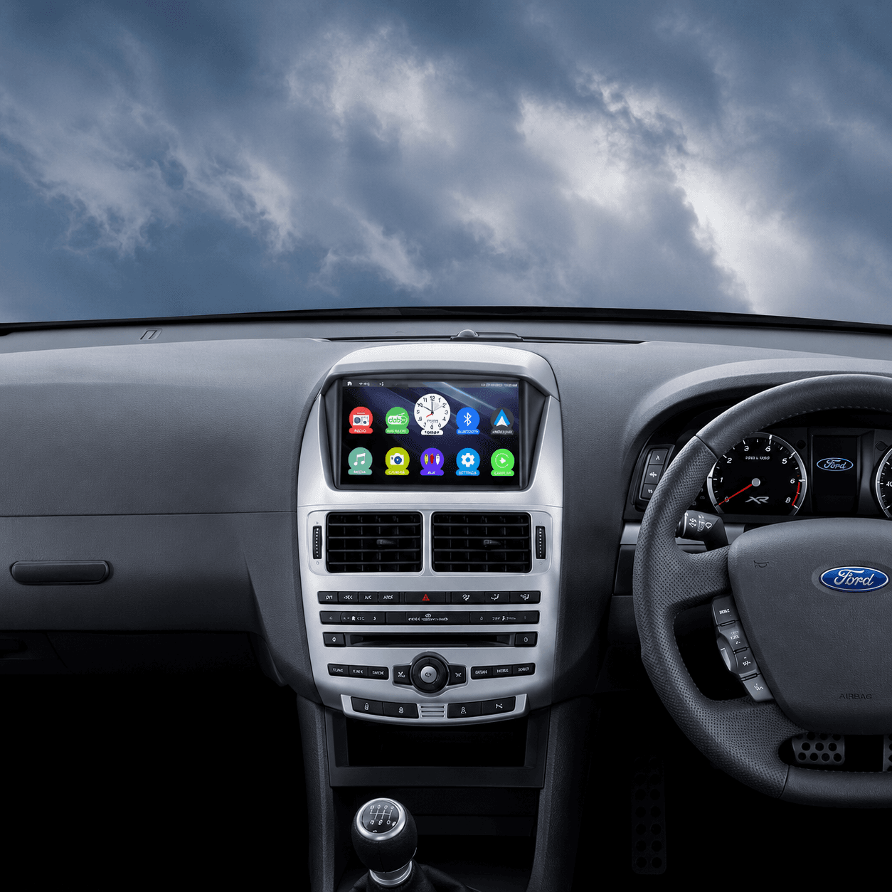 Kayhan Audio Linux head unit with wireless CarPlay installed in Ford FG-X Falcon — factory AC controls and steering wheel controls fully retained